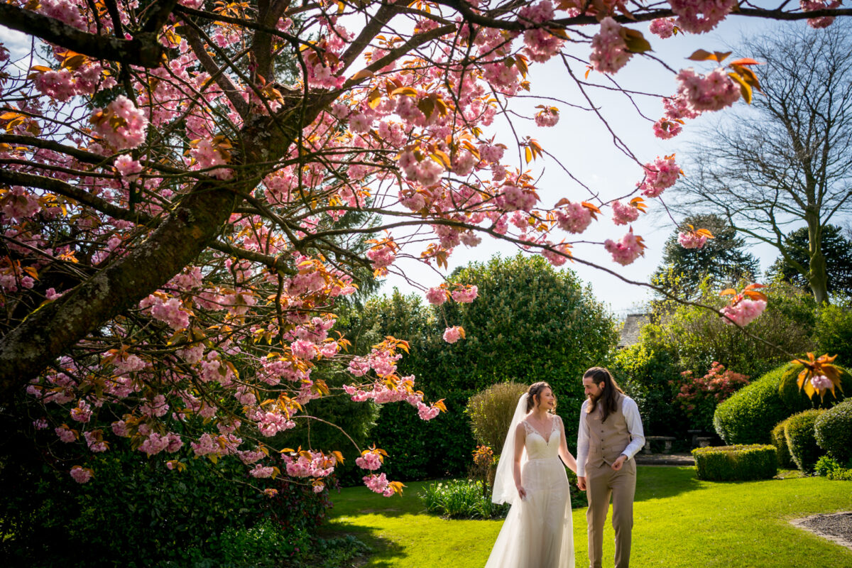 A bride and groom stand hand in hand under a blooming cherry blossom tree in a garden in Clitheroe. The bride is in a white wedding dress with a veil, and the groom is in a beige suit with a tie. Their special moment is perfectly captured by their wedding photographer, with lush greenery and a clear blue sky as the backdrop. Image by Andy Wade Photography.