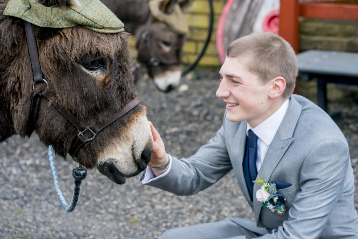 A man in a gray suit and blue tie, with a boutonniere pinned to his jacket, is kneeling and smiling as he gently touches the snout of a donkey wearing a tweed hat. Another donkey stands in the background at The Wellbeing Farm in Lancashire. Andy Wade Photography captured this charming outdoor moment on gravel. Image by Andy Wade Photography.