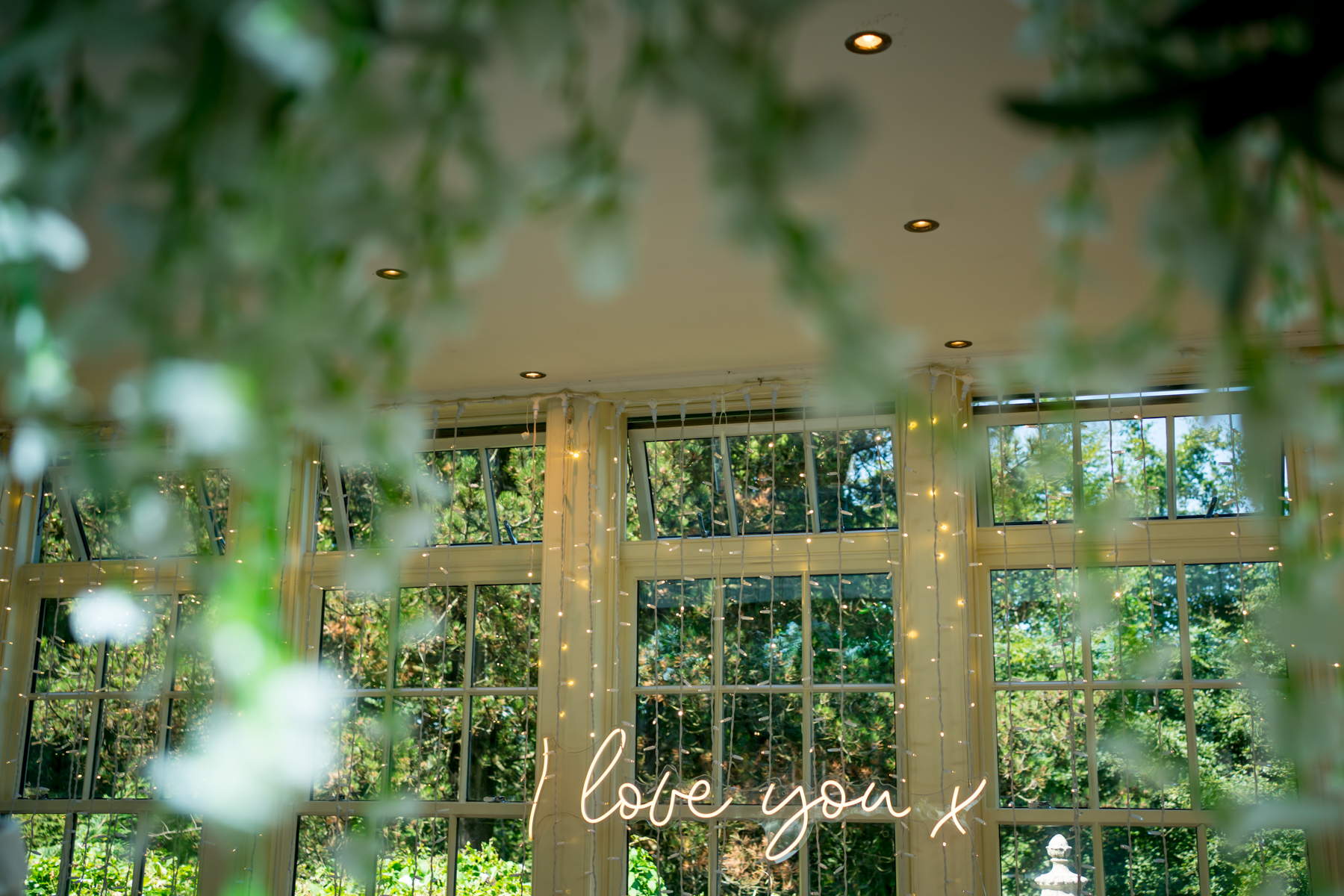 Interior window with fairy lights and greenery.