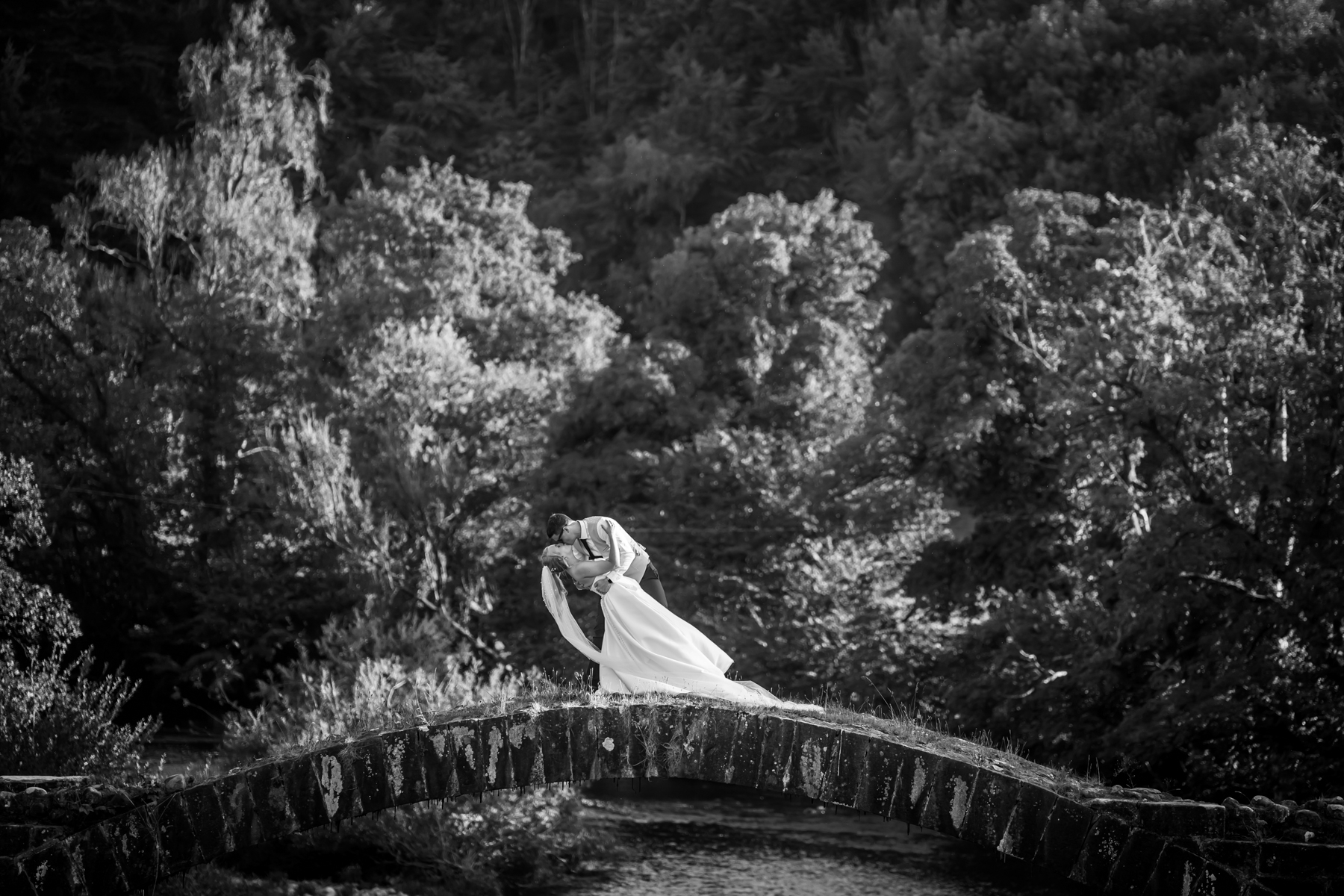 Couple kissing on historic stone bridge, forest backdrop.
