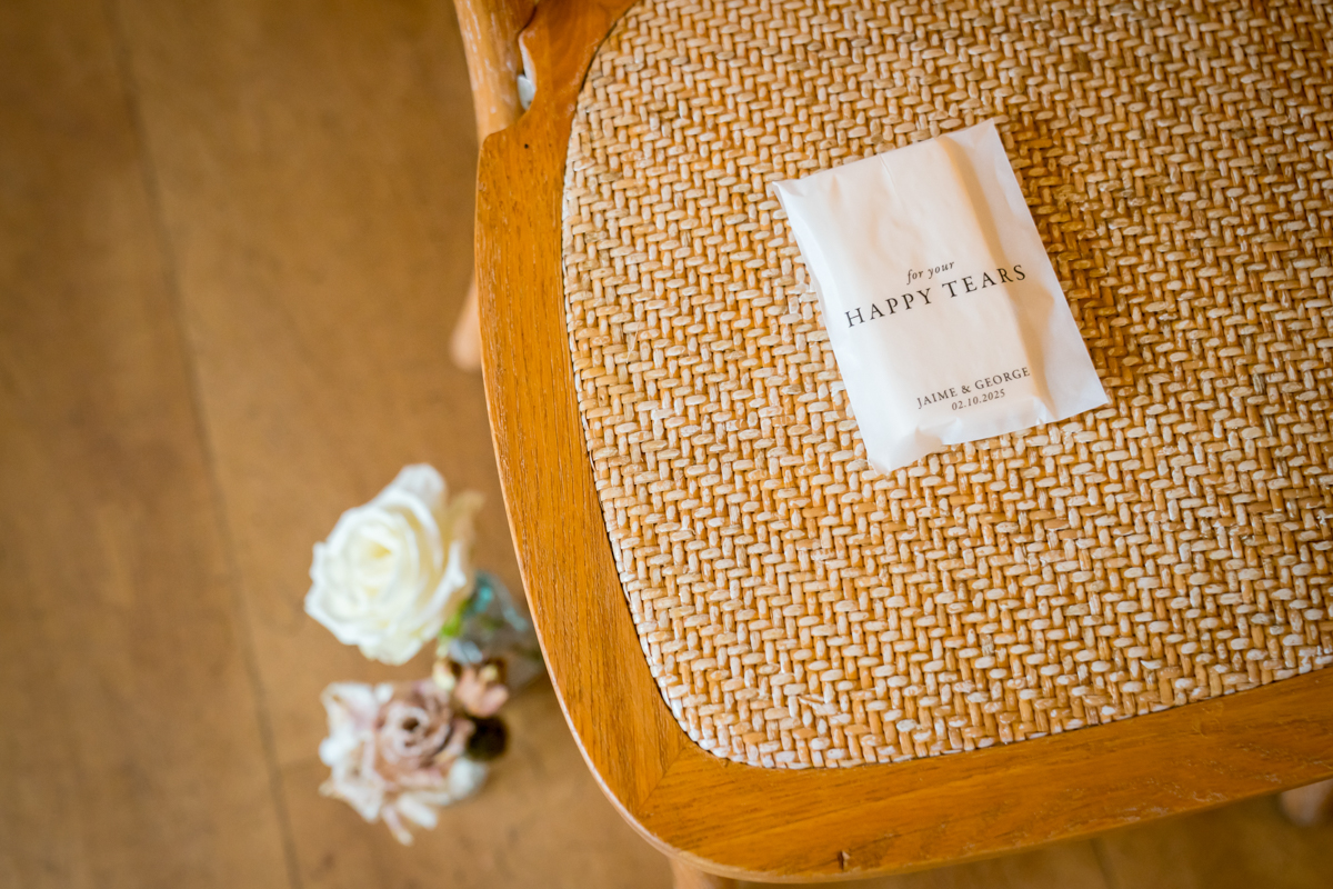 Packet on chair with 'Happy Tears' inscription