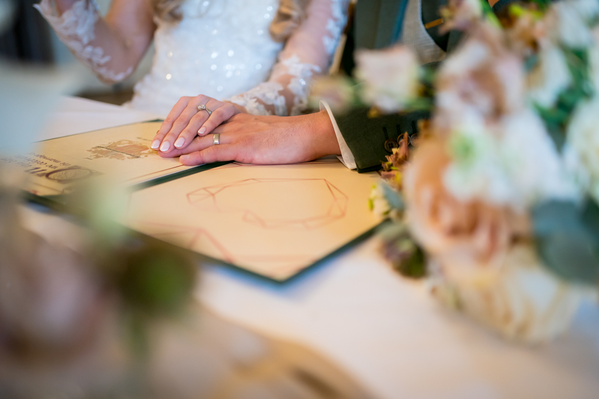 Bride and groom signing wedding document