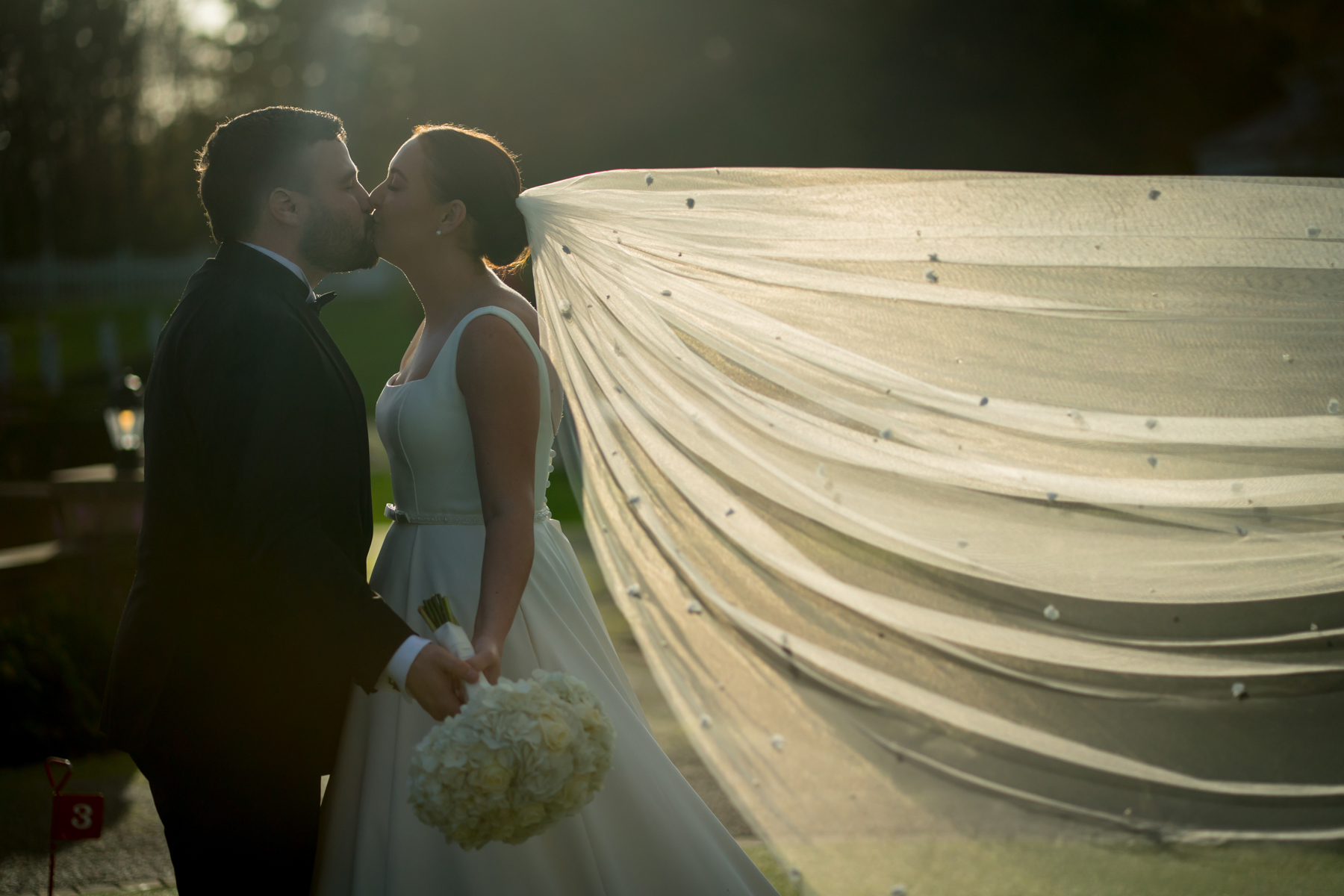 Bride and groom kissing with flowing veil