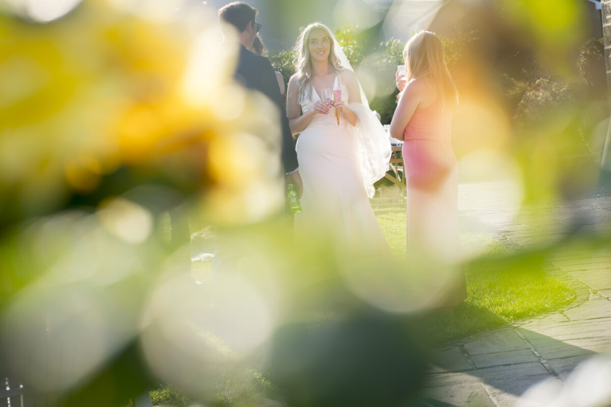 Guests conversing at an outdoor wedding.
