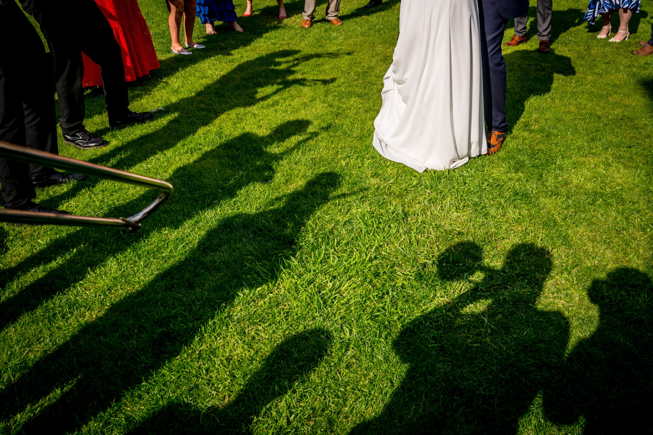 Wedding guests casting shadows on grass