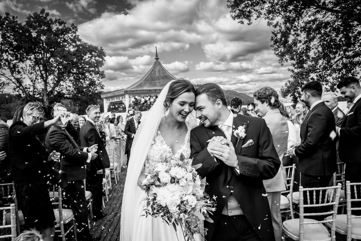 Bride and groom in joyful celebration